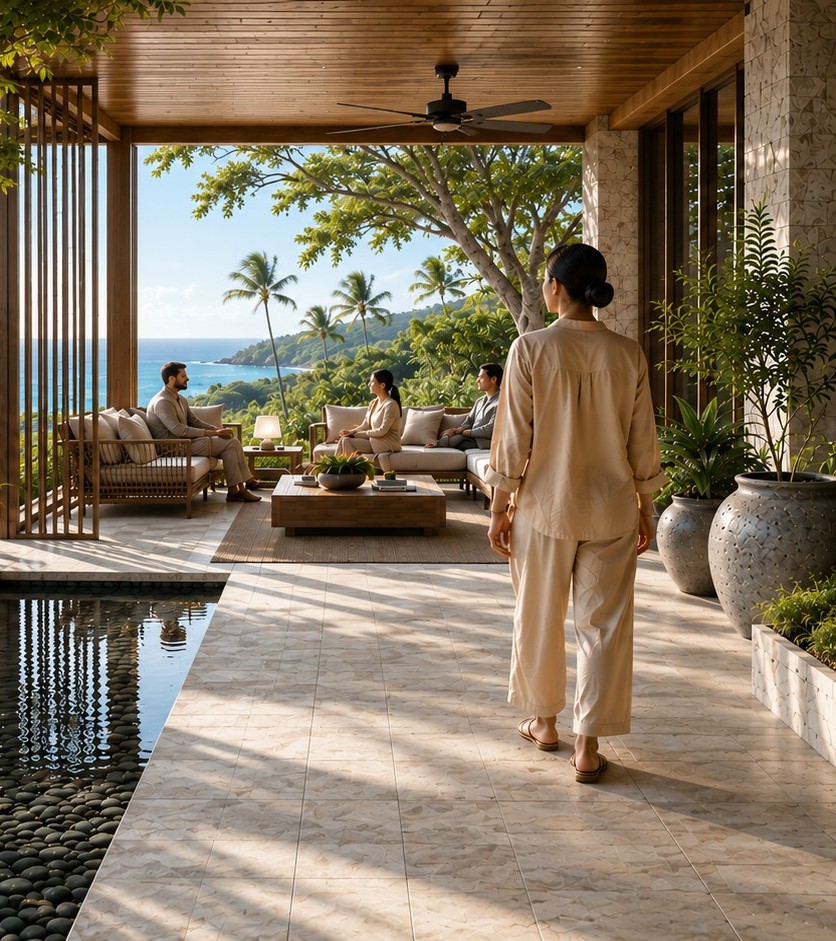 Luxury outdoor lounge overlooking the ocean