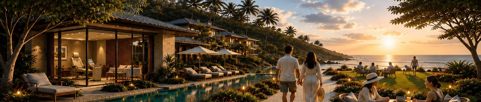 Luxury resort pool and lounge at sunset