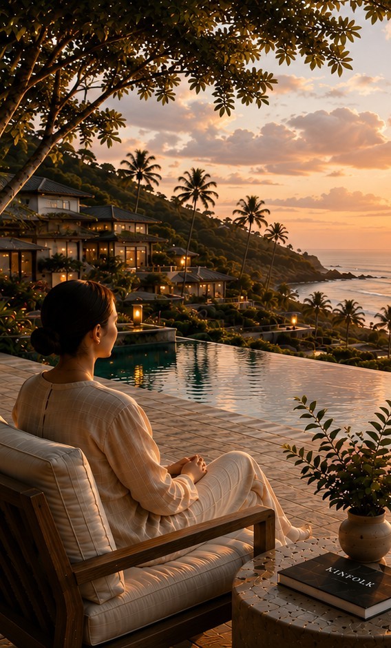 A guest reading on a terrace overlooking an ocean sunset