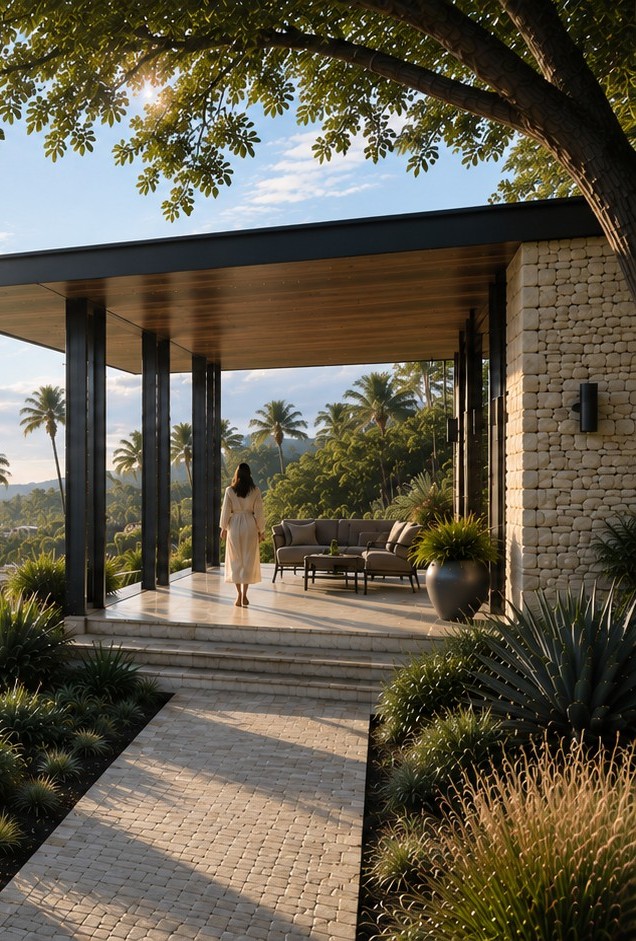 Oceanfront wellness pavilion at golden hour
